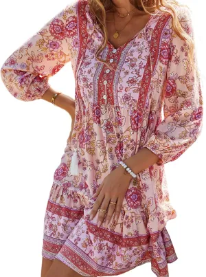 CHARTOU Women Floral Boho Dress 3/4 Balloon Sleeve Ruffle Babydoll Mini Dress