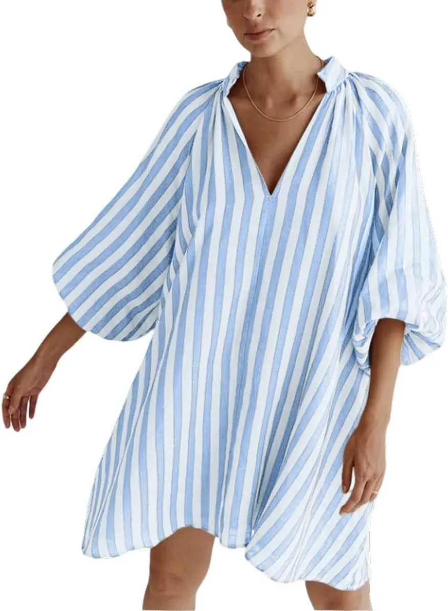 CHARTOU Women Summer Striped Beach Vacation Mini Dress 3/4 Sleeve Boho Chic Outfits Tunic Shift Dress