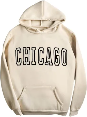Chicago - Vintage Hoodies for Women Pullover Loose Long Sleeve Hooded Sweatshirt for Fall with Pockets Baggy Letter Print Shirt Casual Oversized Fleece Jacket teen sweatshirts graphic D95-Beige