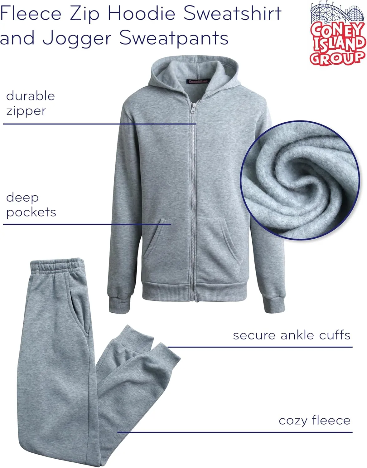 Coney Island Boys Active Tracksuit Set - 2 Piece Fleece Zip Up Hoodie Sweatshirt and Jogger Sweatpants for Boys (Sizes: 5-16)
