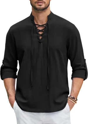 COOFANDY Mens Pure Cotton Retro Lace Up Renaissance Shirts Medieval Pirate Viking Top Linen Halloween Costume