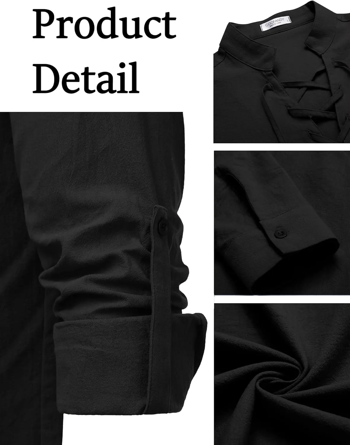 COOFANDY Mens Pure Cotton Retro Lace Up Renaissance Shirts Medieval Pirate Viking Top Linen Halloween Costume