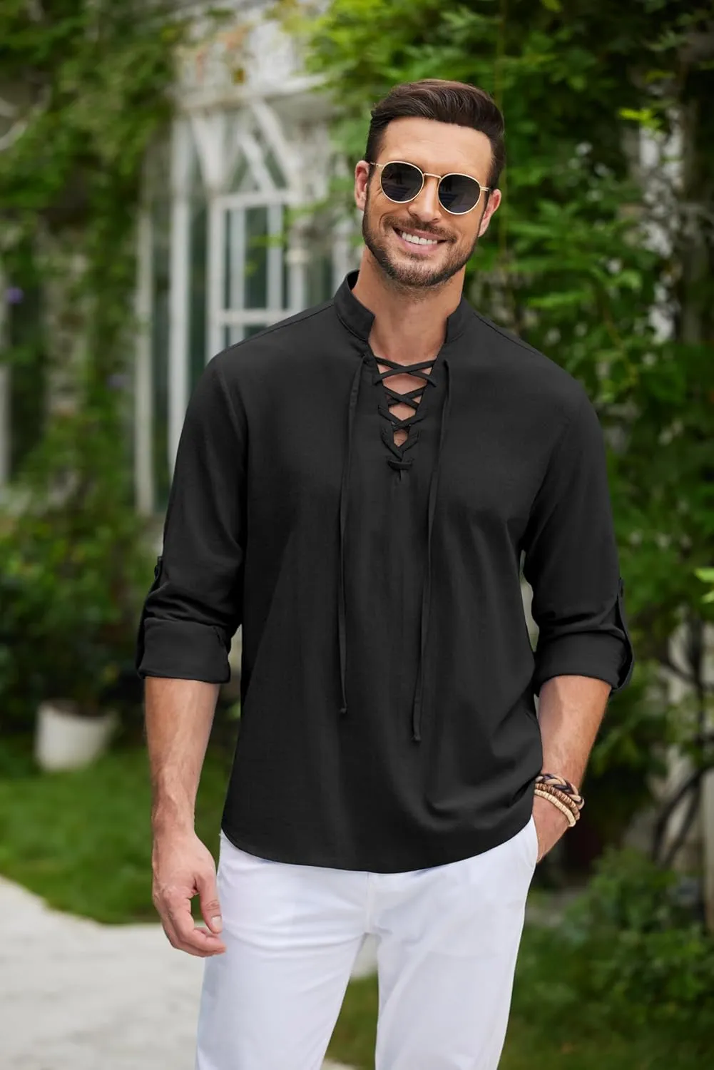 COOFANDY Mens Pure Cotton Retro Lace Up Renaissance Shirts Medieval Pirate Viking Top Linen Halloween Costume