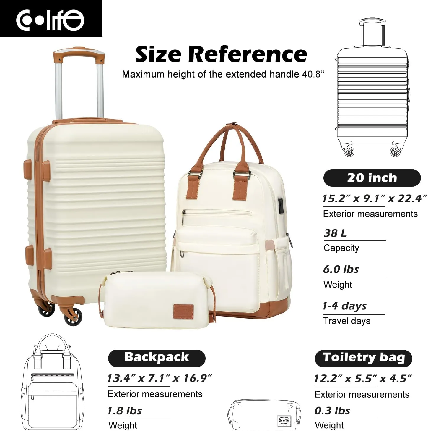Coolife Luggage Set 3 Piece Luggage Set Carry On Suitcase Hardside Luggage with TSA Lock Spinner Wheels(White, 3 piece set (BP/TB/20))