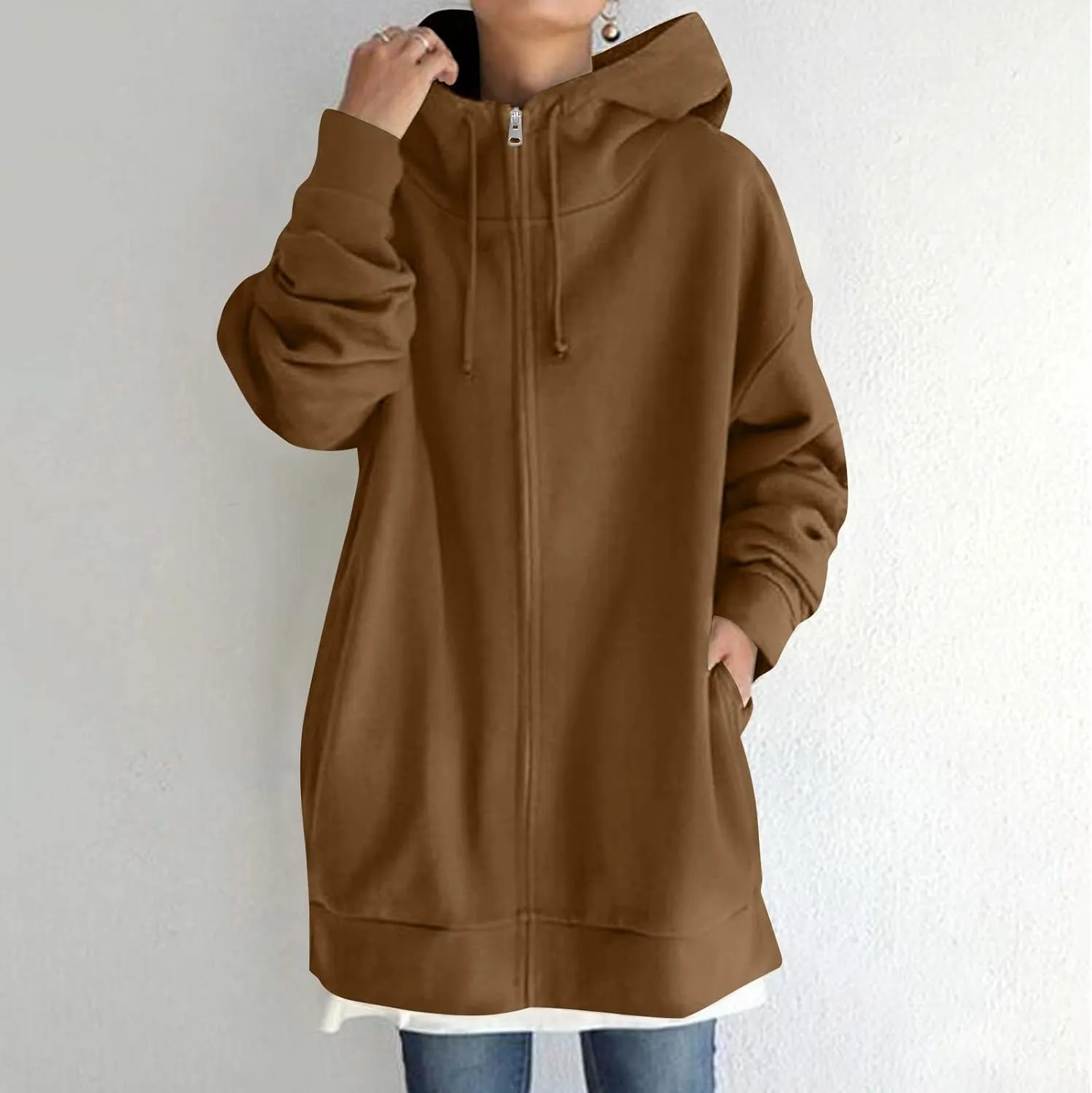 COTECRAM Women's Zip Up Hoodies Oversized Long Sleeve Fall Hooded Sweatshirts Casual Long Fleece Jacket Coats with Pockets
