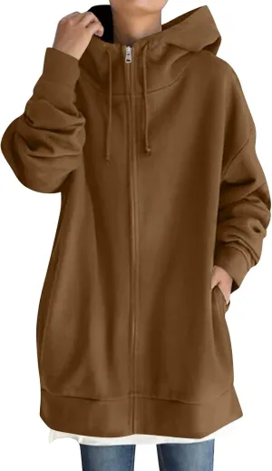 COTECRAM Women's Zip Up Hoodies Oversized Long Sleeve Fall Hooded Sweatshirts Casual Long Fleece Jacket Coats with Pockets