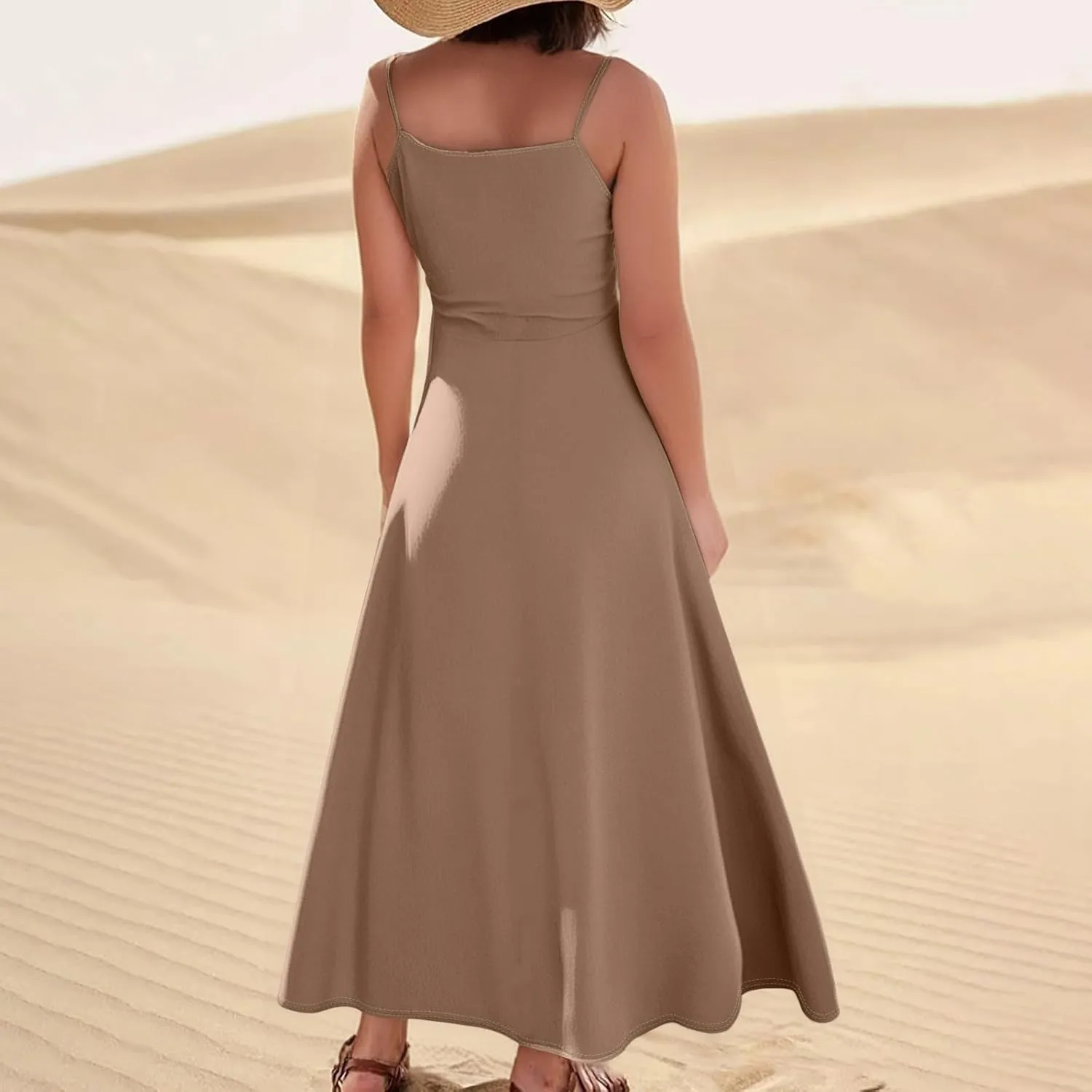 Cotton Linen Sundress for Women Plus Size Sleeveless Spaghetti Strap Midi Dress Loose Beach Vacation with Pockets
