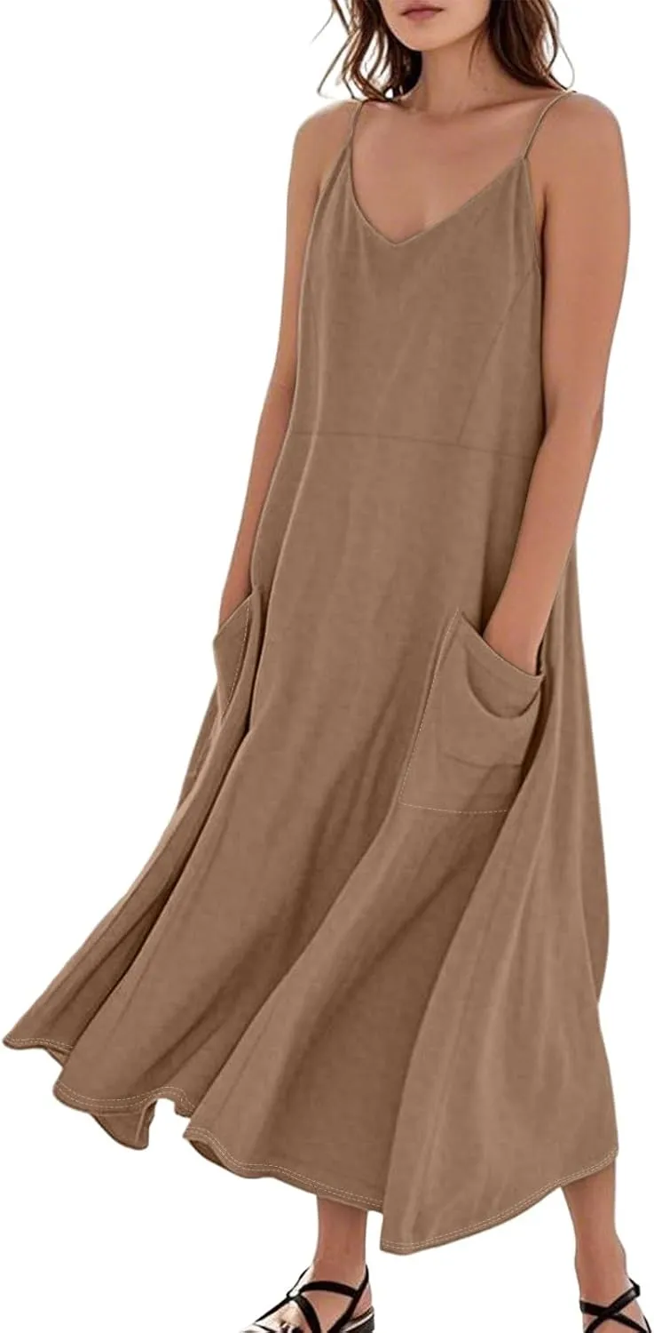 Cotton Linen Sundress for Women Plus Size Sleeveless Spaghetti Strap Midi Dress Loose Beach Vacation with Pockets