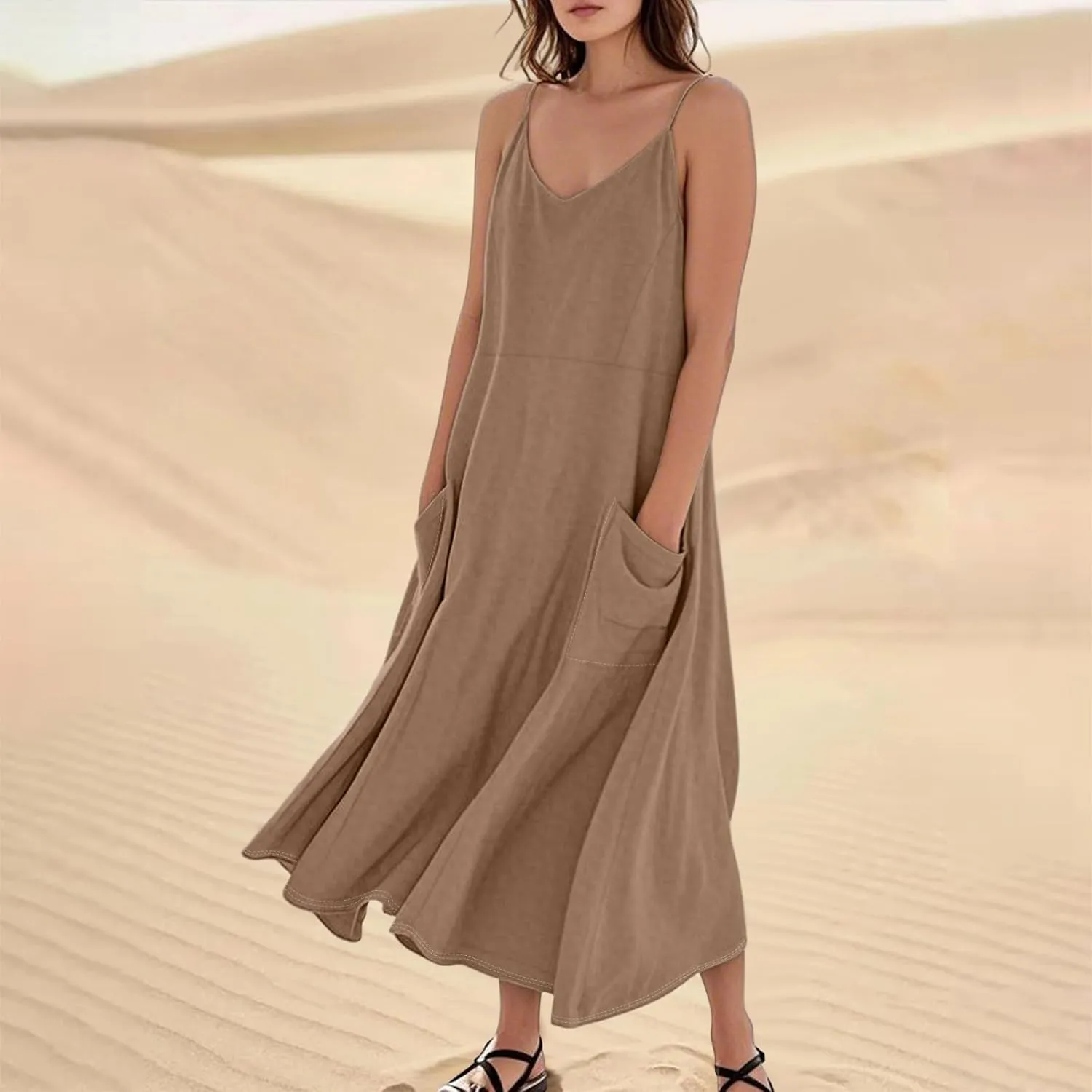 Cotton Linen Sundress for Women Plus Size Sleeveless Spaghetti Strap Midi Dress Loose Beach Vacation with Pockets