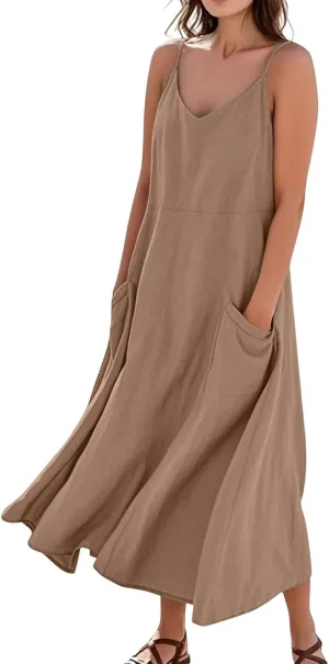 Cotton Linen Sundress for Women Plus Size Sleeveless Spaghetti Strap Midi Dress Loose Beach Vacation with Pockets