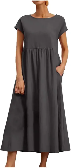 Crew Neck Summer Dresses For Women 2025 Short Sleeve Loose Fit Tunic Beach Dresses Patchwork Solid Shirt Sundress