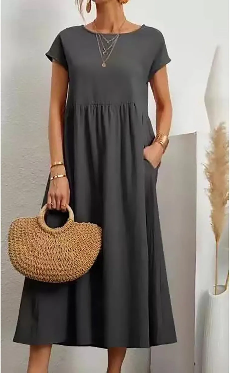 Crew Neck Summer Dresses For Women 2025 Short Sleeve Loose Fit Tunic Beach Dresses Patchwork Solid Shirt Sundress