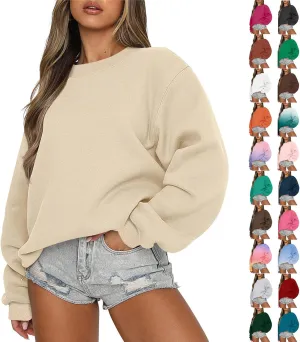 Crew Neck Sweatshirts for Women Casual Oversized Pullover Tops Loose Fit Solid Color Long Sleeve Fall Outfits 2023