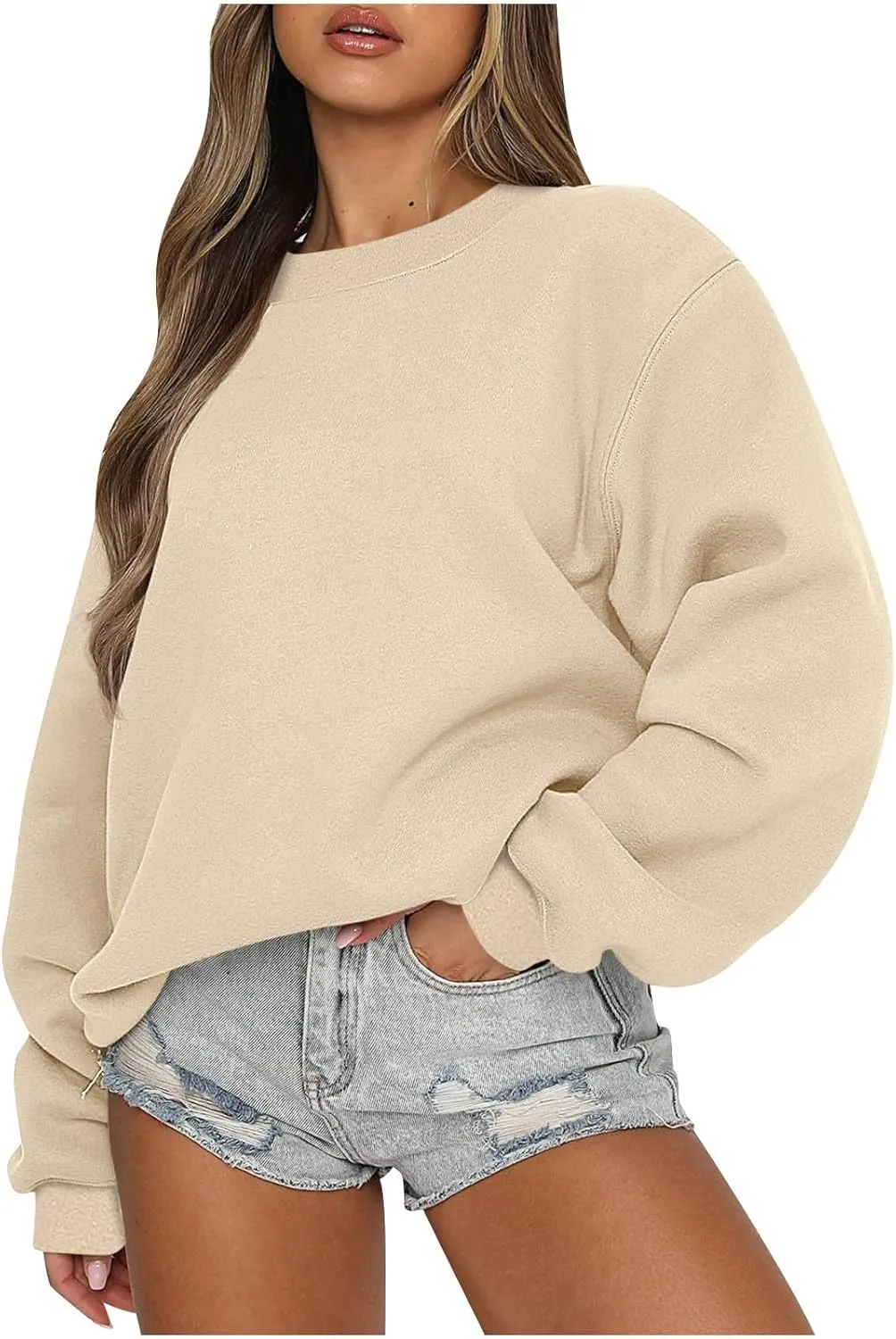 Crew Neck Sweatshirts for Women Casual Oversized Pullover Tops Loose Fit Solid Color Long Sleeve Fall Outfits 2023