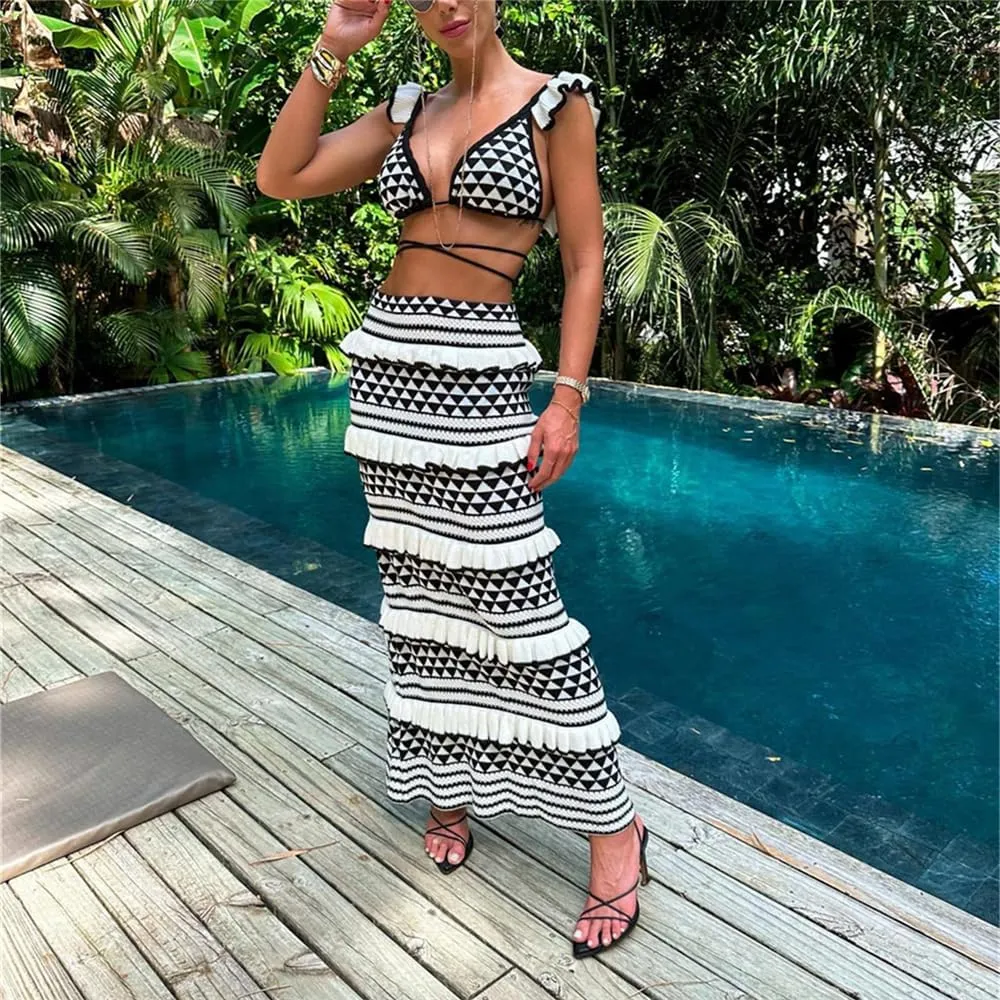 Crochet Knit 2 Piece Skirt Set for Women Knit Top Striped Bodycon Long Skirt Beach Cover Up Streetwear