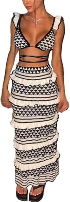 Crochet Knit 2 Piece Skirt Set for Women Knit Top Striped Bodycon Long Skirt Beach Cover Up Streetwear