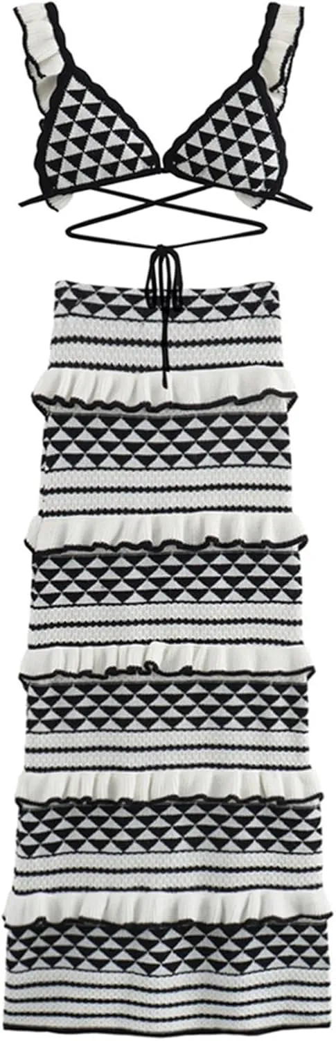Crochet Knit 2 Piece Skirt Set for Women Knit Top Striped Bodycon Long Skirt Beach Cover Up Streetwear