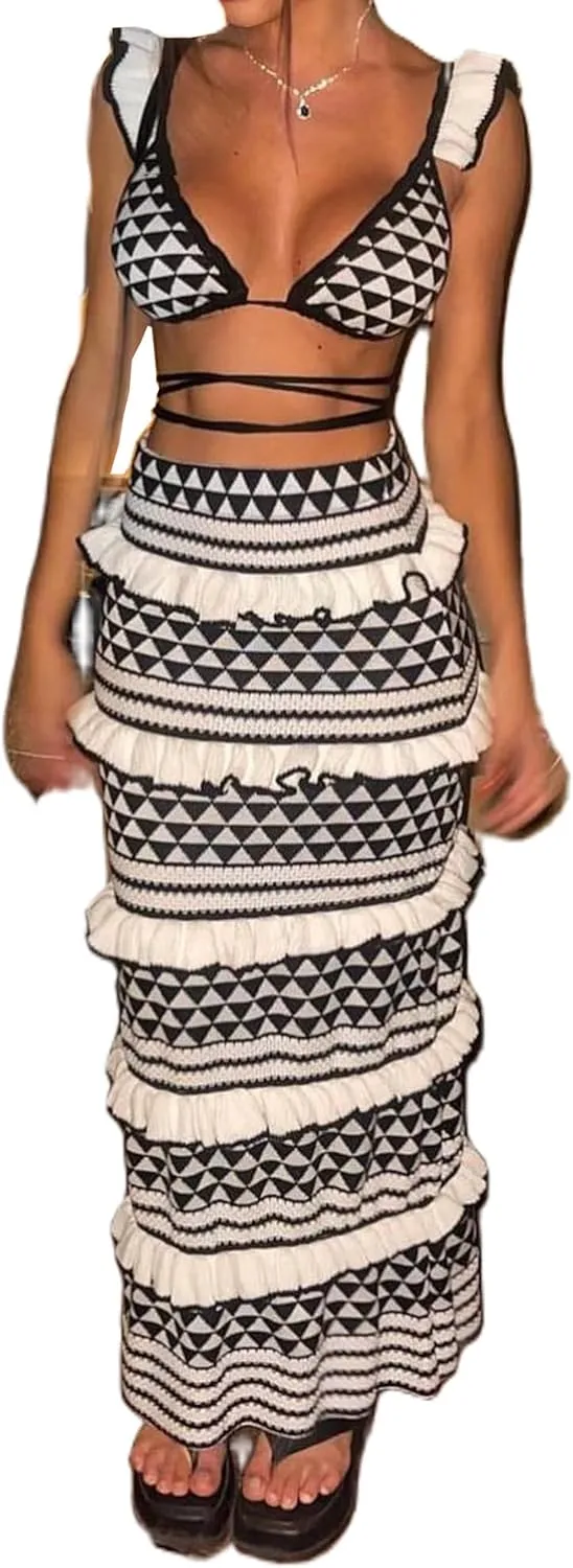 Crochet Knit 2 Piece Skirt Set for Women Ruffle Knit Top Striped Bodycon Long Skirt Beach Cover Up Y2k Streetwear