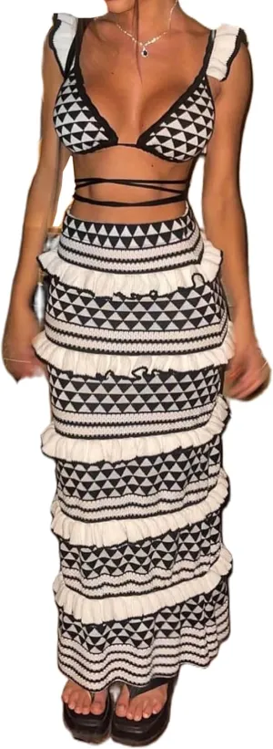 Crochet Knit 2 Piece Skirt Set for Women Ruffle Knit Top Striped Bodycon Long Skirt Beach Cover Up Y2k Streetwear