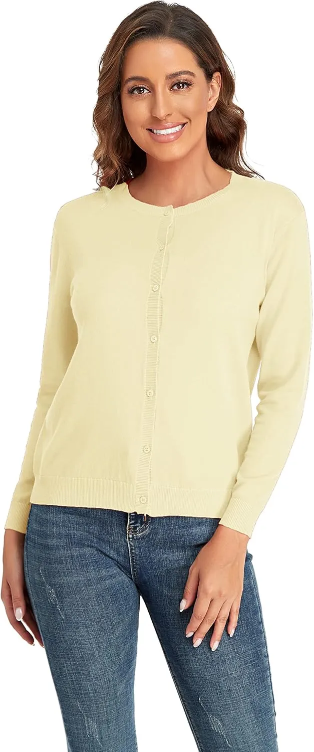 CUNYI Women's Crew Neck Cardigan Long Sleeve Sweater for Women Button Down Soft Knit Ladies Cardigan Sweates Coat