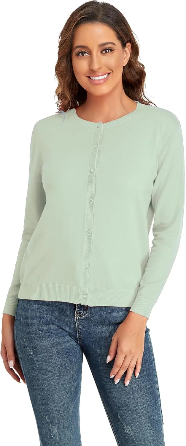 CUNYI Women's Crew Neck Cardigan Long Sleeve Sweater for Women Button Down Soft Knit Ladies Cardigan Sweates Coat