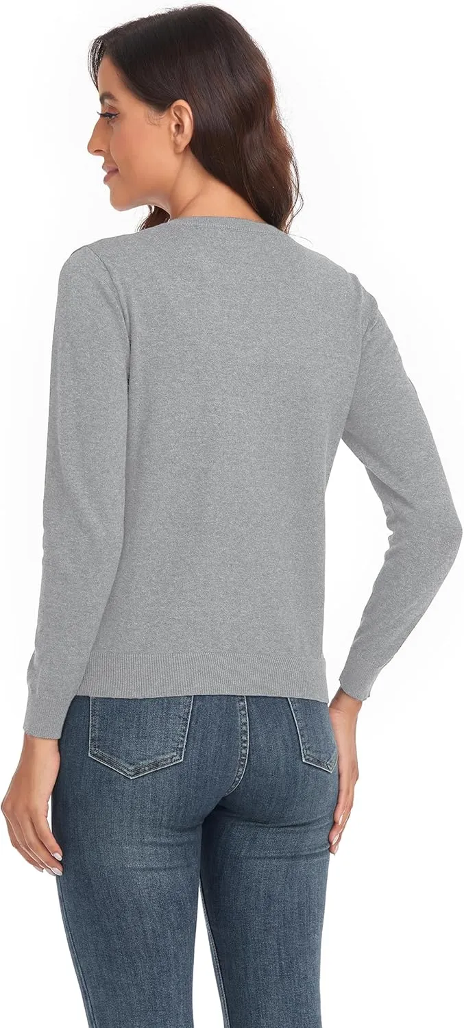 CUNYI Women's Crew Neck Cardigan Long Sleeve Sweater for Women Button Down Soft Knit Ladies Cardigan Sweates Coat