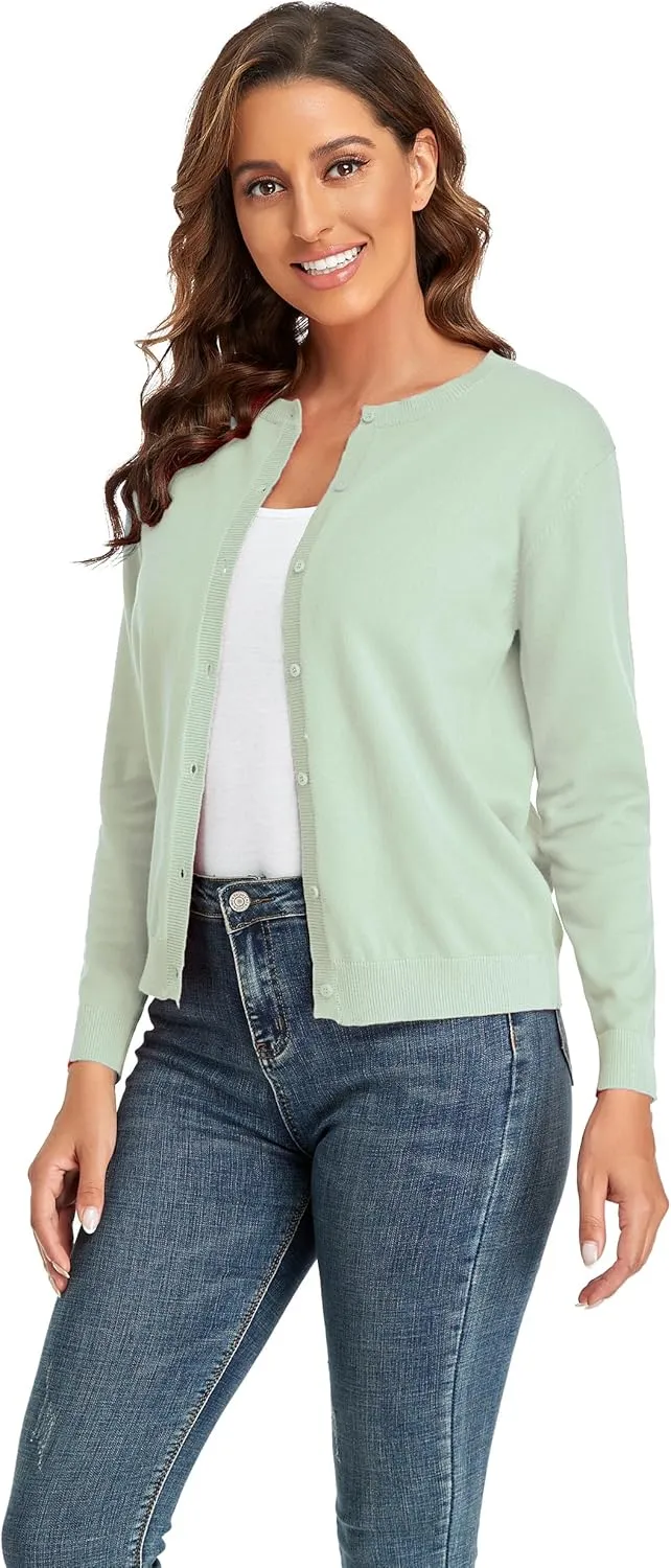 CUNYI Women's Crew Neck Cardigan Long Sleeve Sweater for Women Button Down Soft Knit Ladies Cardigan Sweates Coat