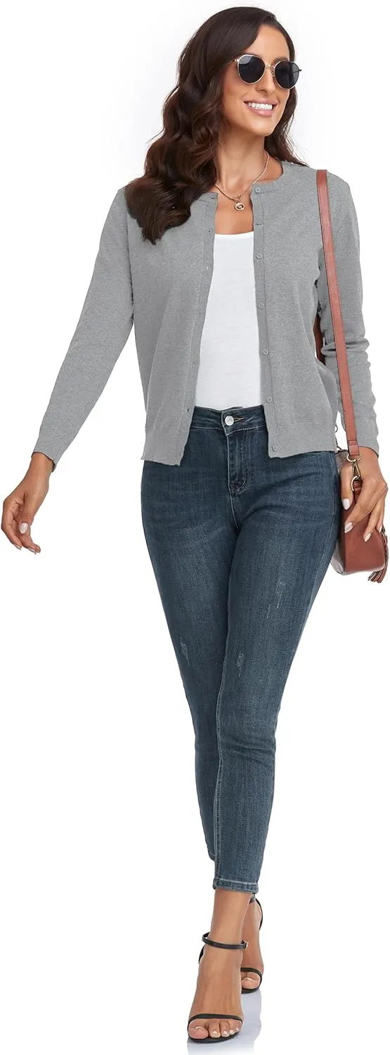 CUNYI Women's Crew Neck Cardigan Long Sleeve Sweater for Women Button Down Soft Knit Ladies Cardigan Sweates Coat