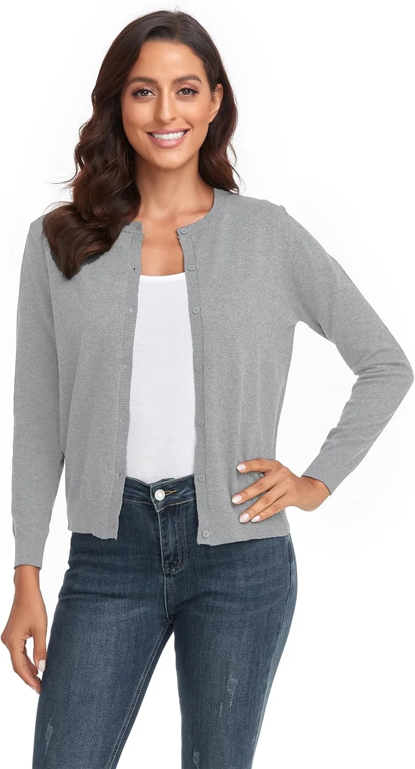 CUNYI Women's Crew Neck Cardigan Long Sleeve Sweater for Women Button Down Soft Knit Ladies Cardigan Sweates Coat