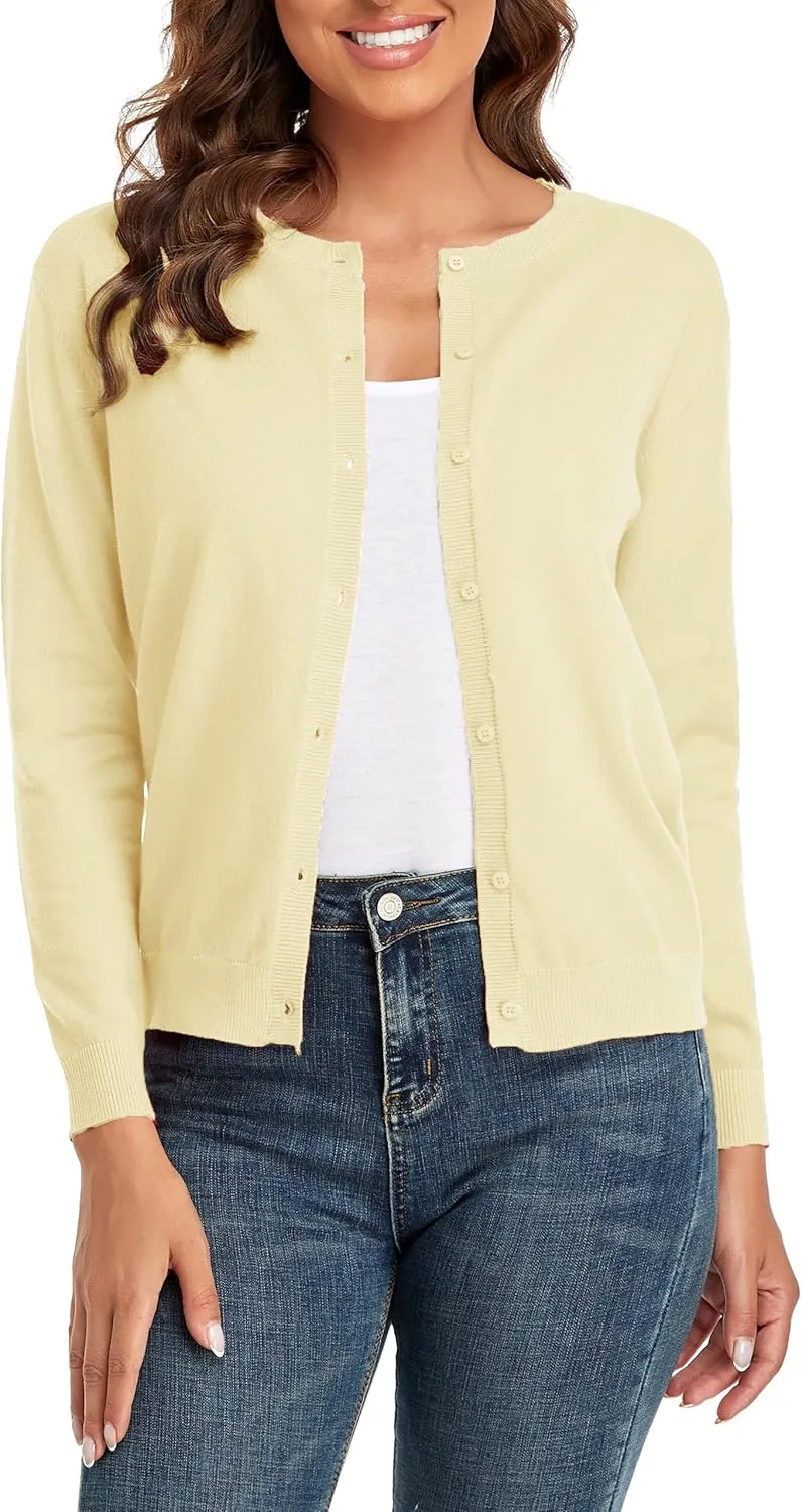 CUNYI Women's Crew Neck Cardigan Long Sleeve Sweater for Women Button Down Soft Knit Ladies Cardigan Sweates Coat
