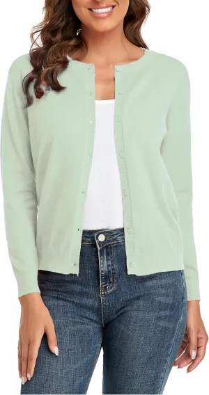 CUNYI Women's Crew Neck Cardigan Long Sleeve Sweater for Women Button Down Soft Knit Ladies Cardigan Sweates Coat