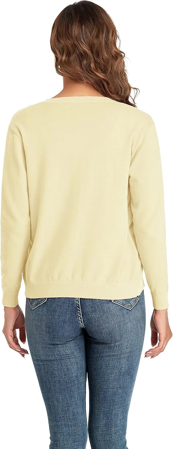 CUNYI Women's Crew Neck Cardigan Long Sleeve Sweater for Women Button Down Soft Knit Ladies Cardigan Sweates Coat