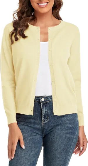CUNYI Women's Crew Neck Cardigan Long Sleeve Sweater for Women Button Down Soft Knit Ladies Cardigan Sweates Coat