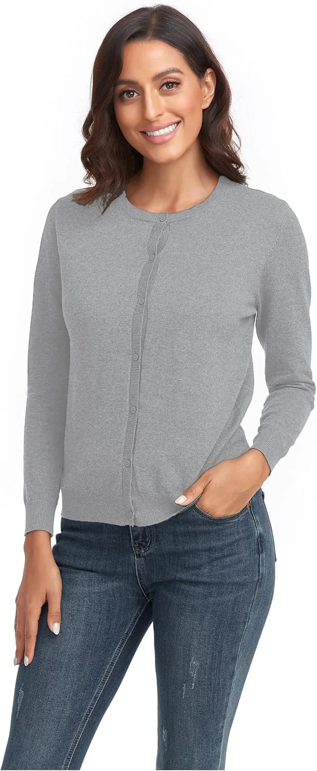 CUNYI Women's Crew Neck Cardigan Long Sleeve Sweater for Women Button Down Soft Knit Ladies Cardigan Sweates Coat