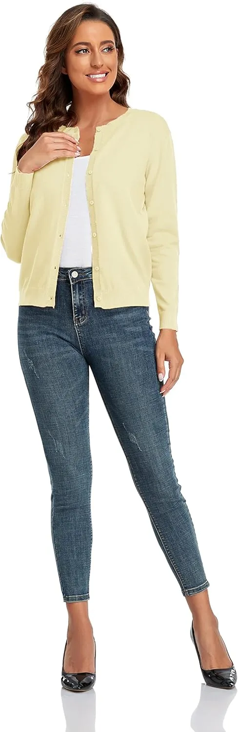 CUNYI Women's Crew Neck Cardigan Long Sleeve Sweater for Women Button Down Soft Knit Ladies Cardigan Sweates Coat