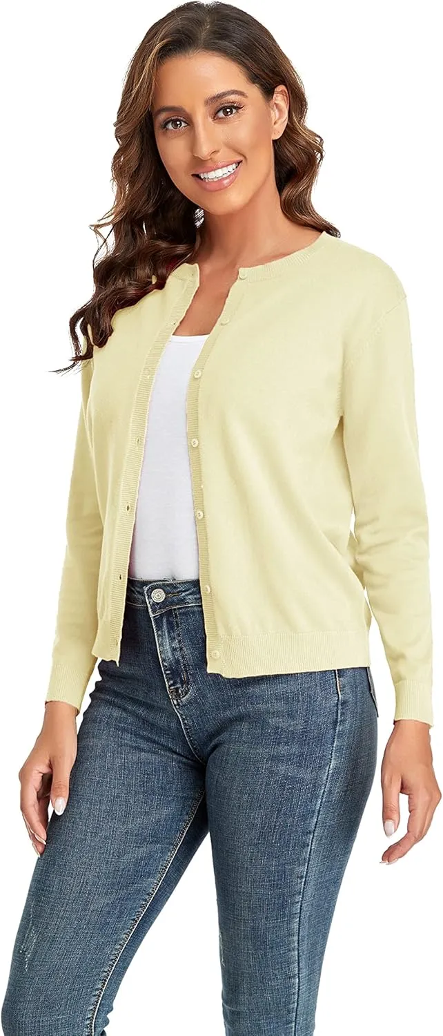 CUNYI Women's Crew Neck Cardigan Long Sleeve Sweater for Women Button Down Soft Knit Ladies Cardigan Sweates Coat