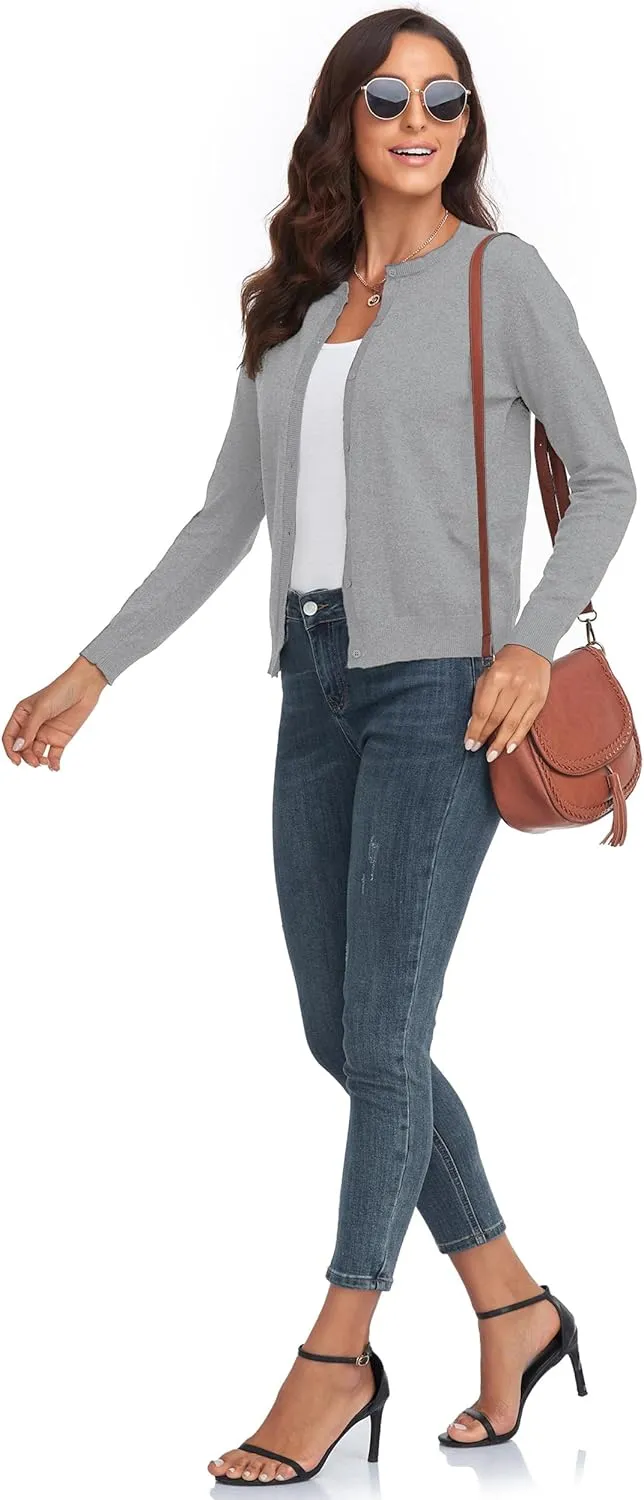 CUNYI Women's Crew Neck Cardigan Long Sleeve Sweater for Women Button Down Soft Knit Ladies Cardigan Sweates Coat