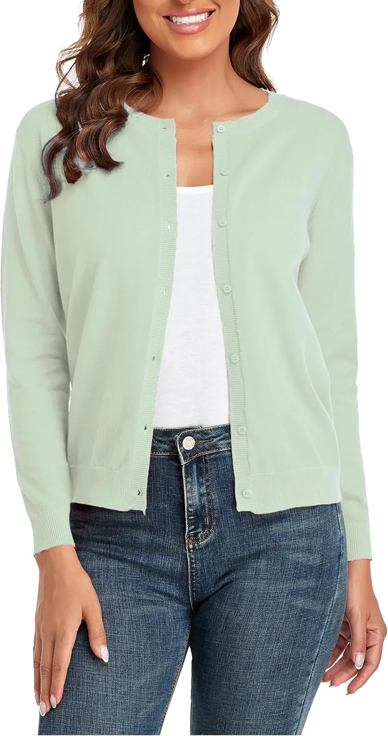 CUNYI Women's Crew Neck Cardigan Long Sleeve Sweater for Women Button Down Soft Knit Ladies Cardigan Sweates Coat