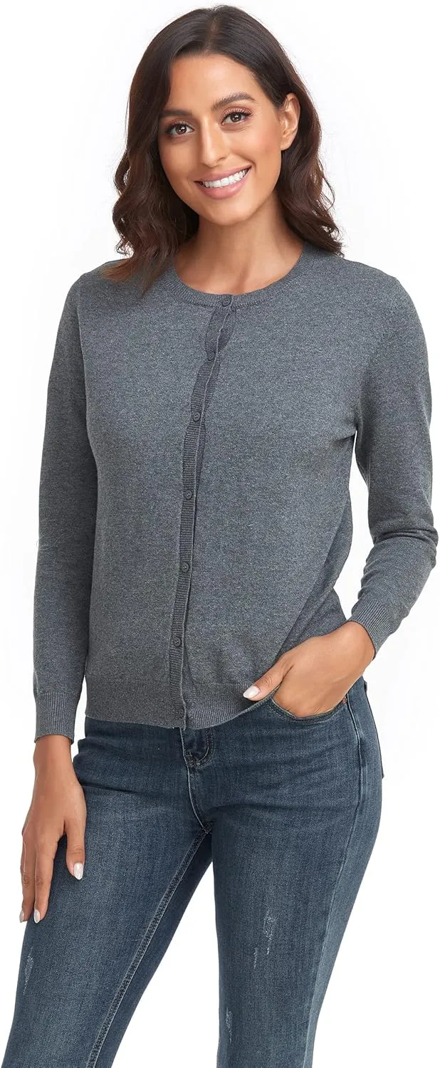 CUNYI Women's Crew Neck Cardigan Long Sleeve Sweater for Women Button Down Soft Knit Ladies Cardigan Sweates Coat