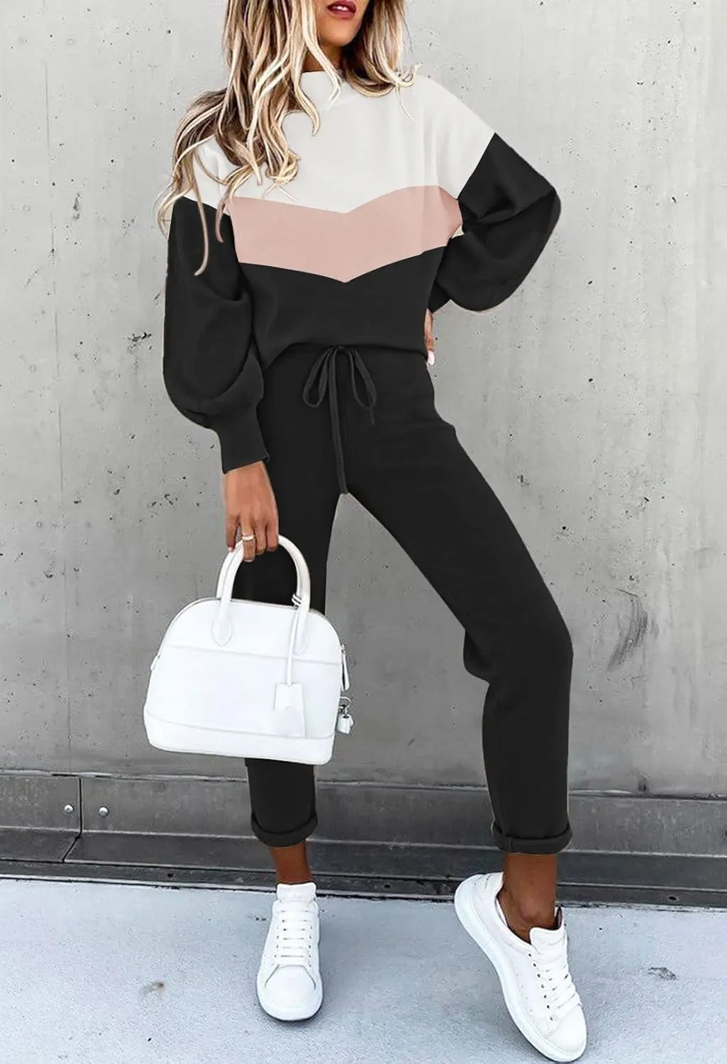 Cutiefox Women's 2 Piece Sweatsuit Outfits Lantern Sleeve Pullover Tops and High Waist Jogger Pants Lounge Sets