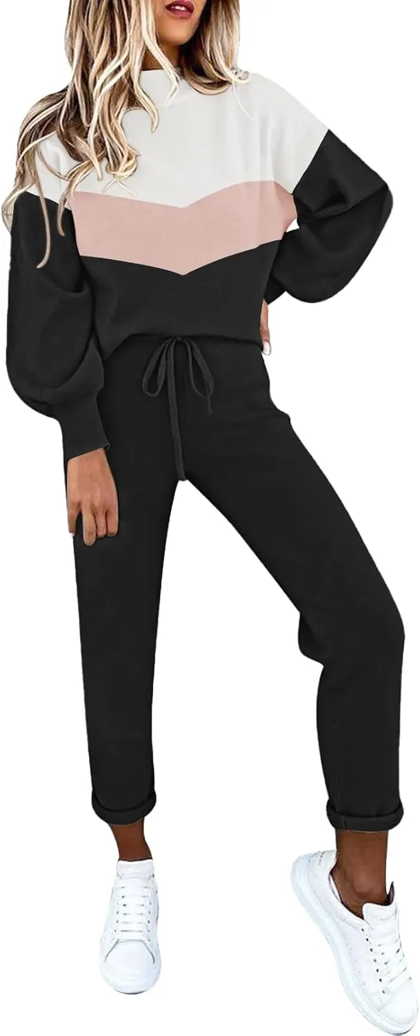 Cutiefox Women's 2 Piece Sweatsuit Outfits Lantern Sleeve Pullover Tops and High Waist Jogger Pants Lounge Sets