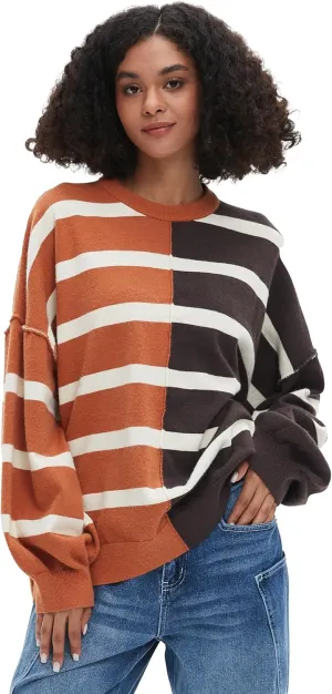 D-Sun Women's Striped Pullover Sweaters Oversized Color Block Long Sleeve Sweater Casual Knit Tops