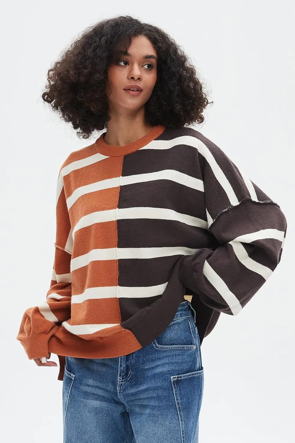 D-Sun Women's Striped Pullover Sweaters Oversized Color Block Long Sleeve Sweater Casual Knit Tops