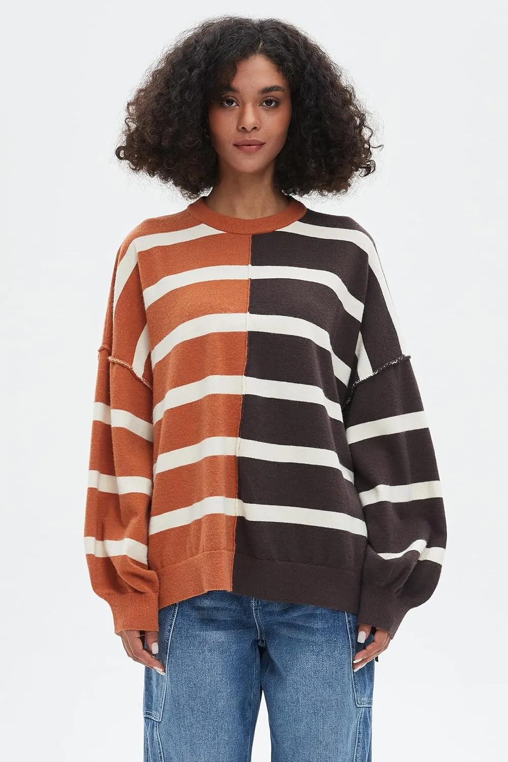 D-Sun Women's Striped Pullover Sweaters Oversized Color Block Long Sleeve Sweater Casual Knit Tops