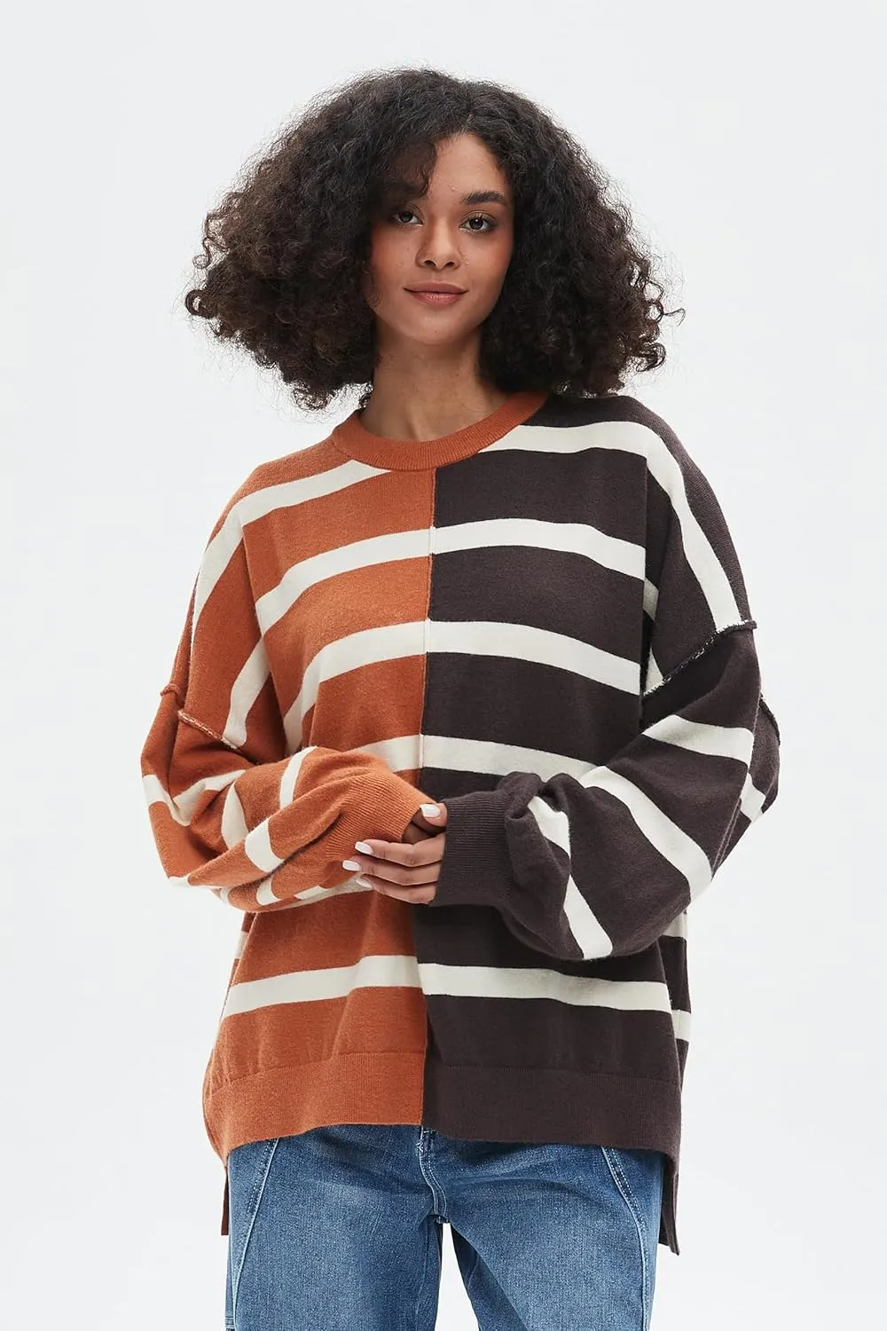 D-Sun Women's Striped Pullover Sweaters Oversized Color Block Long Sleeve Sweater Casual Knit Tops
