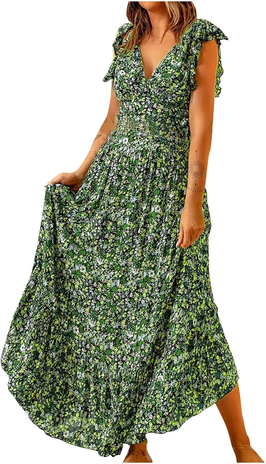 DDAPJ pyju Womens Bohemian Skirt Sets Ruffle Sleeve V Neck Crop Top High Waist Maxi Skirts 2 Piece Beach Vacation Outfits
