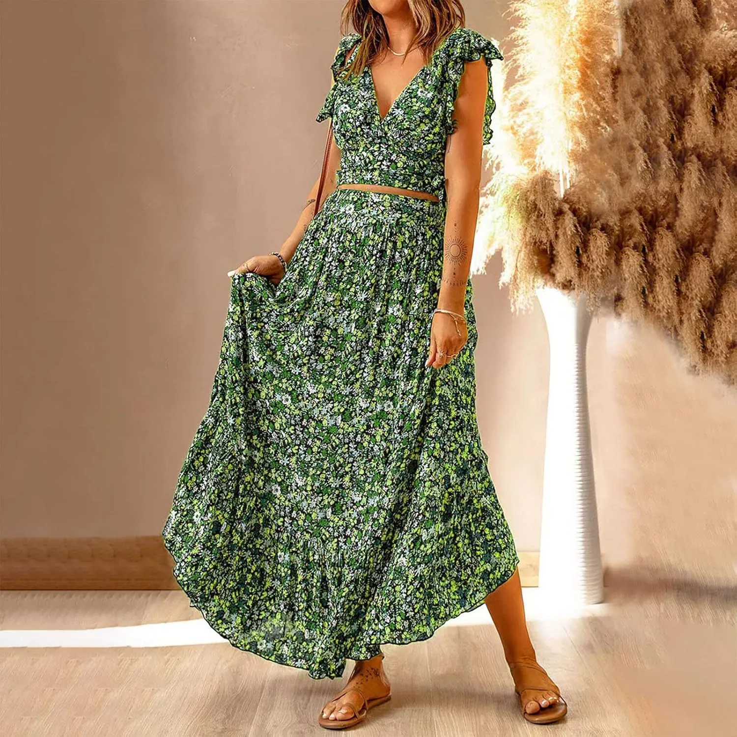 DDAPJ pyju Womens Bohemian Skirt Sets Ruffle Sleeve V Neck Crop Top High Waist Maxi Skirts 2 Piece Beach Vacation Outfits