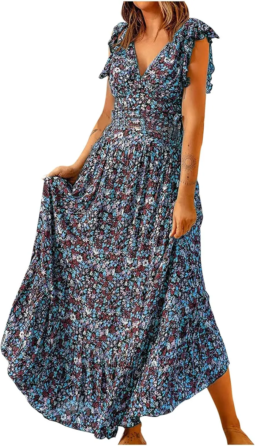 DDAPJ pyju Womens Bohemian Skirt Sets Ruffle Sleeve V Neck Crop Top High Waist Maxi Skirts 2 Piece Beach Vacation Outfits