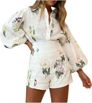 DDAPJ pyju Womens High Waist Shorts Set Dressy Casual Long Sleeve Button Down Shirt 2025 Summer Floral Print Matching Sets