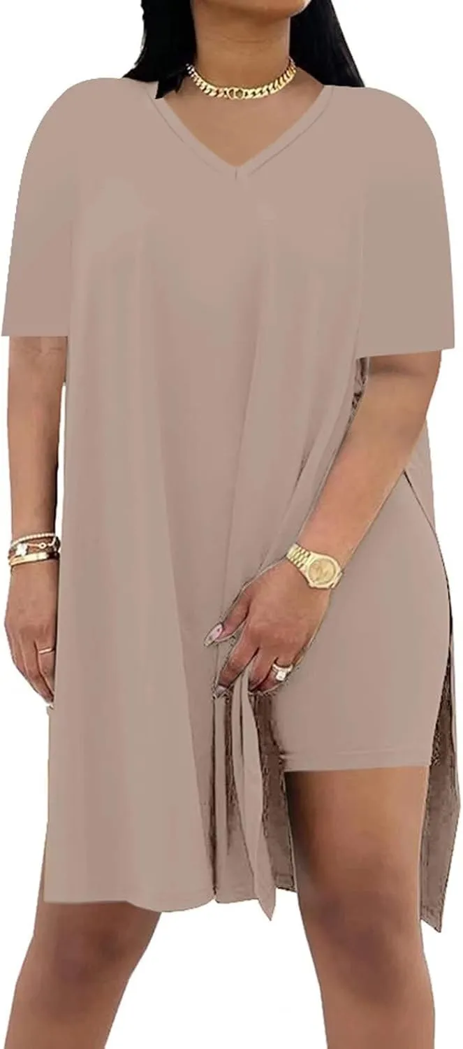 Difanlv Plus Size Womens 2 Piece Outfits Tracksuits Short Sleeve Tunic Tops Bodycon Shorts Sweatsuit Sets